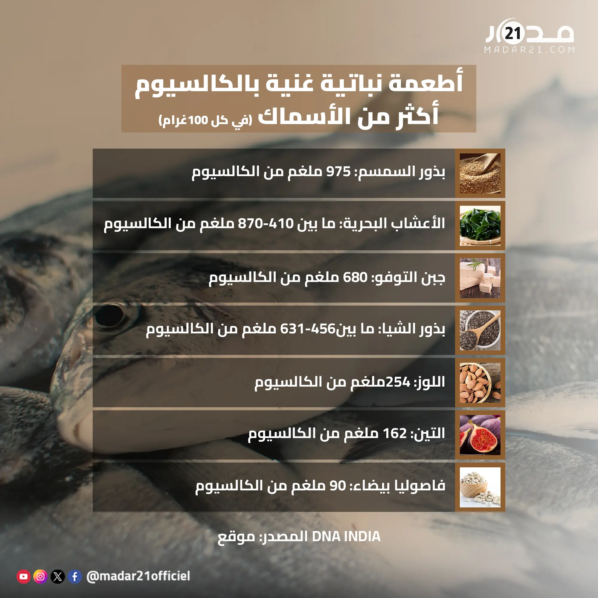 أطعمة نباتية غنية بالكالسيوم أكثر من الأسماك (في كل 100غرام)