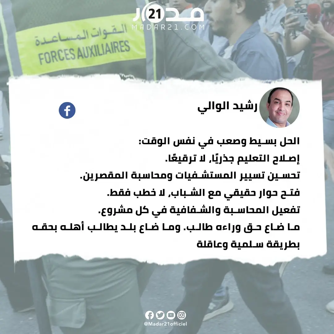رشيد الوالي معلق على احتجاجات “جيل زد” ما ضاع حق وراءه طالب. وما ضاع بلد يطالب أهله بحقه بطريقة سلمية وعاقلة