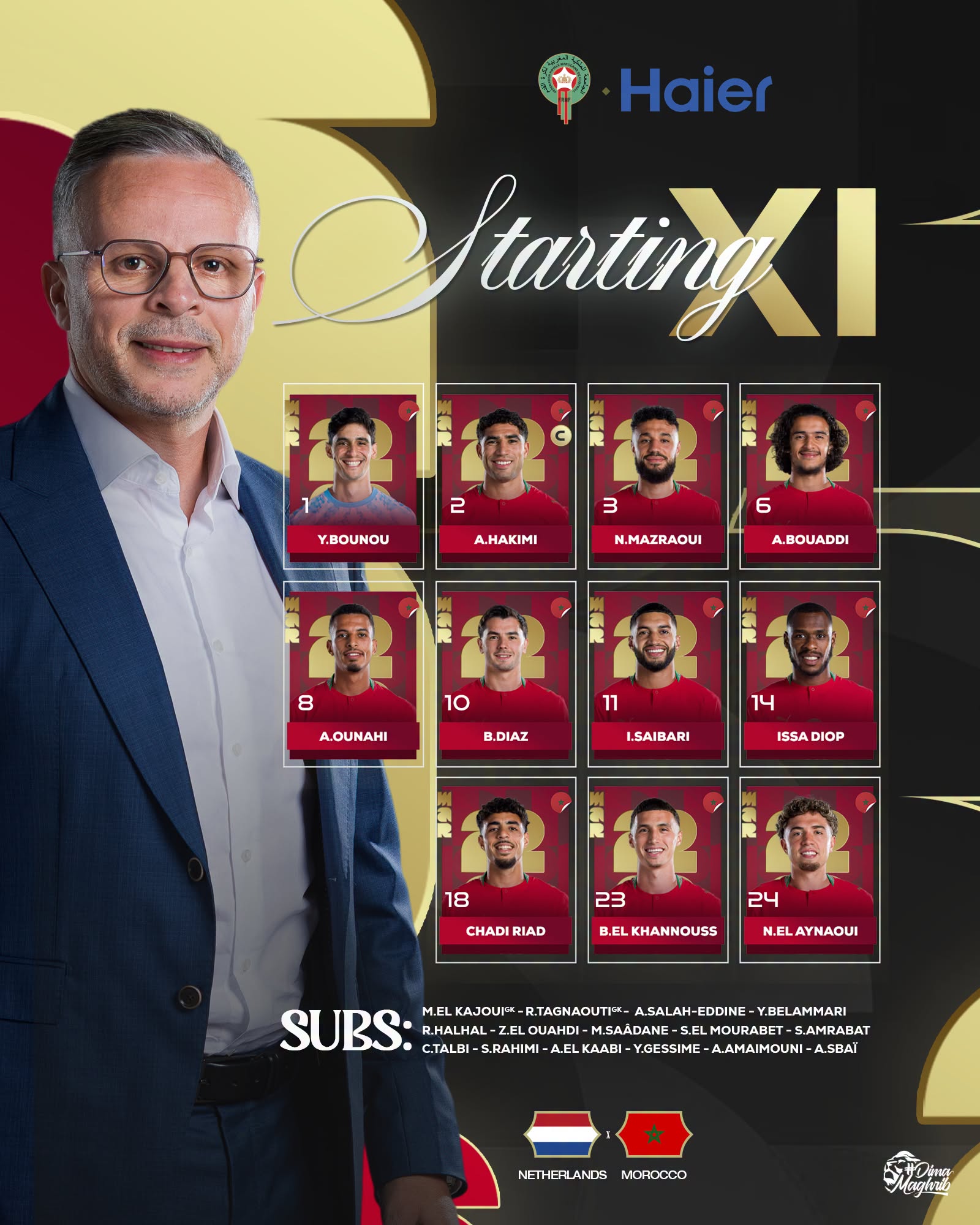 Peut être une image de texte qui dit ’Haier Surtink 2 Y.BOUNOU 3 A.HAKIMI 6 N.MAZRAOUI A.BOUADDI 8 10 AO ALOUNAHI 11 B.DIAZ 14 ISAIBARI ISSA DIOP 18 23 CHAD RIAD 24 B.EL B.ELKHANNOUSS N.EL N.ELAYNAOUI SUBS: M.EL KAJOUIK HLIKAW-EAMALTASLAH -R TAGNAOUTI A.SALAH-EDDINE- YBELAMMAR R.HALHAL ZELOUAHDI- M.SAADANE S.ELMOURABET- -S.AMRABAT C.TALBI- S.RAHIMI KAABI GESSIME -A.AMAIMOUNI- CΙΑΝ-BAΝ-ΑΝΑΔΝ-ΚΚ/Μ-AИ-Κ0Σ A.SBAT NETHEFLANDG mиHOCo’