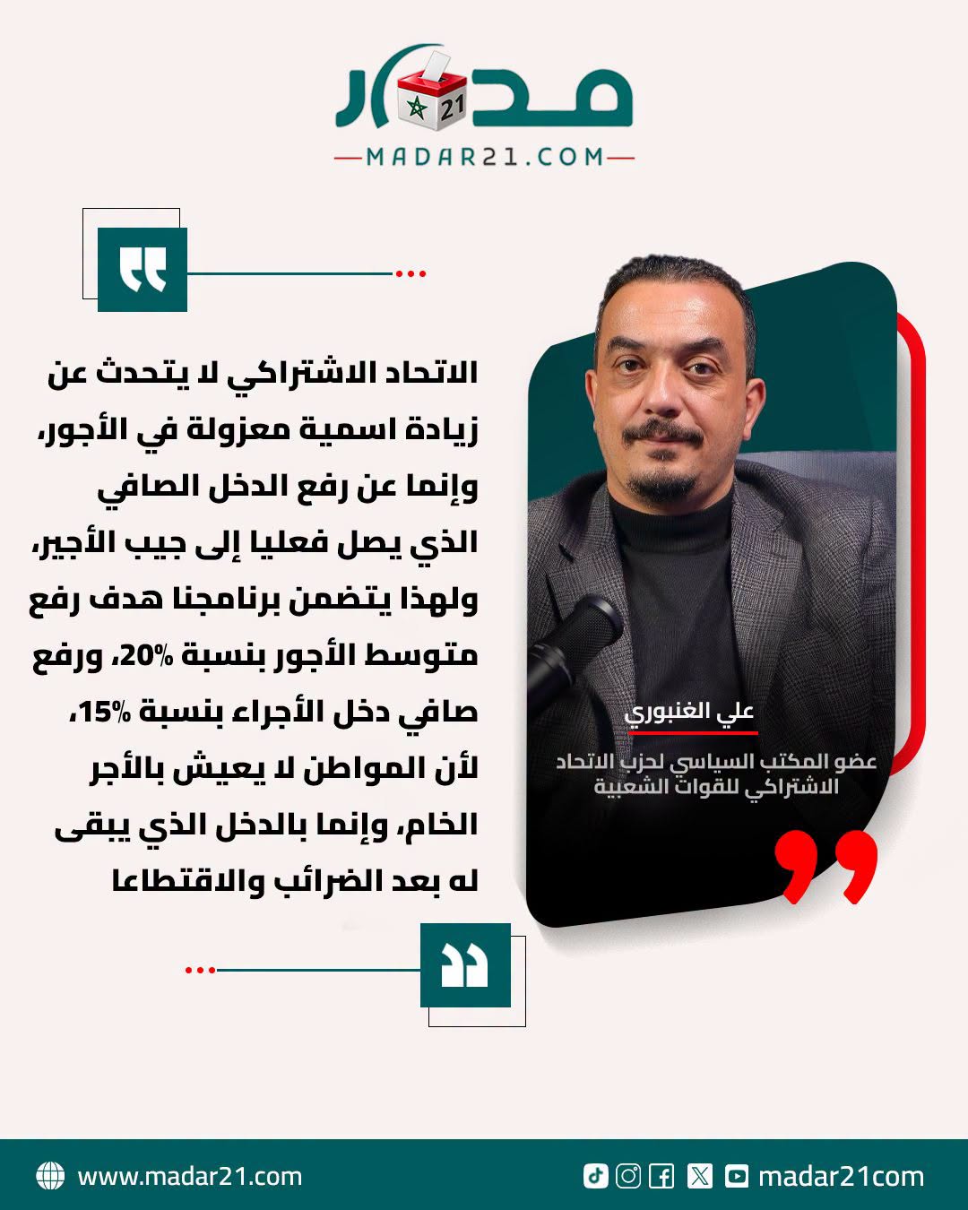الغنبوري: الاتحاد الاشتراكي يستهدف رفع متوسط الأجور بـ20% وصافي دخل الأجراء بـ15%